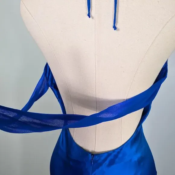 Vintage Cache Prom Dress Maxi Gown 4 Blue Y2K Silk Satin Movie Star Slip Glam
